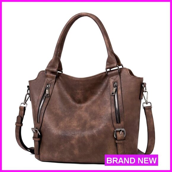 Large Hobo Bag Vegan Leather Adjustable Strap Multiple Pockets Tote Handbag